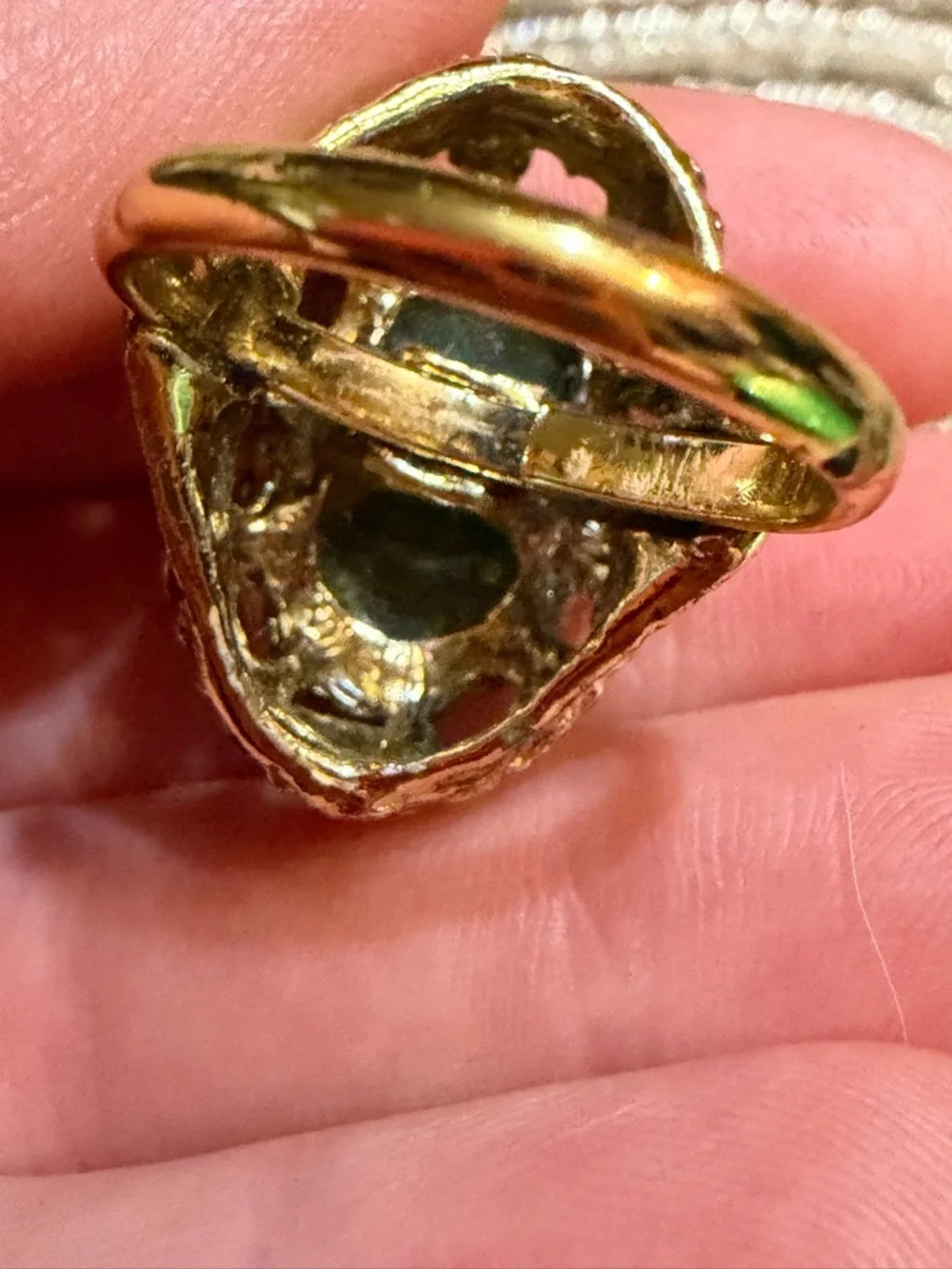 Vintage Style Green Stone Statement Ring Adjustable Gold Tone Cabochan Oval Boho
